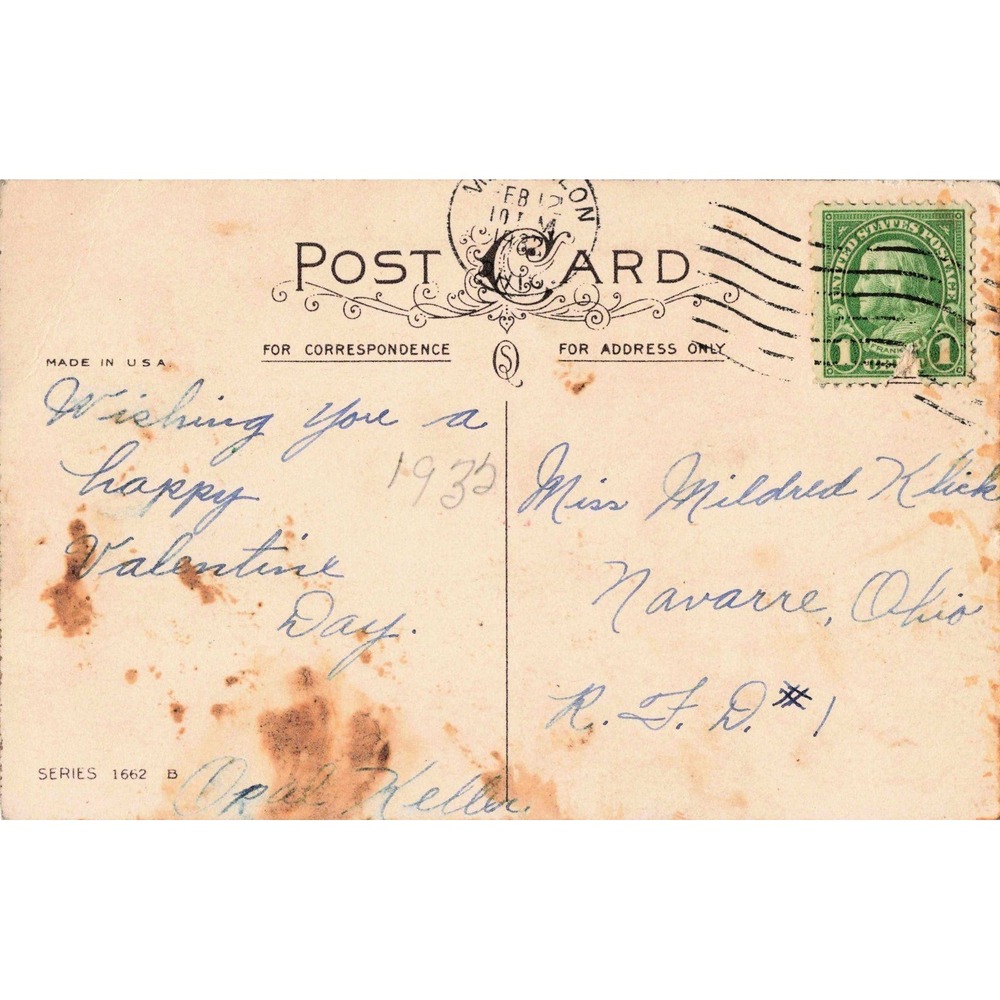 Valentine Postcard 1932 Girl Pink Flowers Series 1662B Massillon Ohio - Picture 2 of 2
